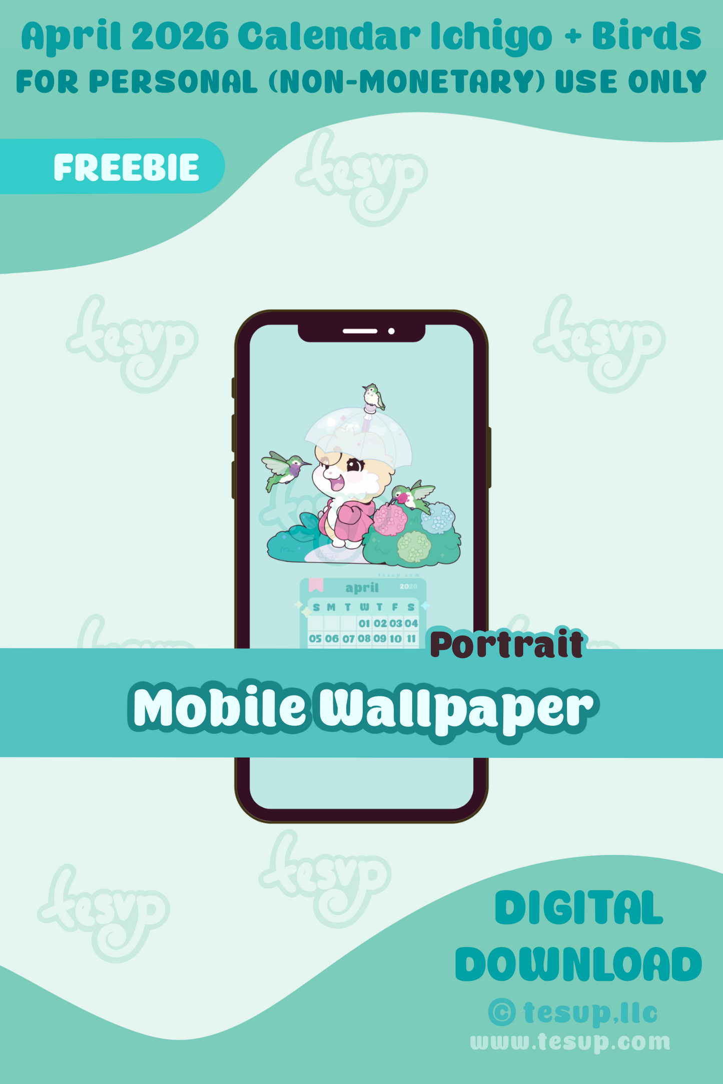 (FREEBIE) April Mobile Calendar Ichigo and Hummingbirds Wallpaper 2026 (Digital Download)