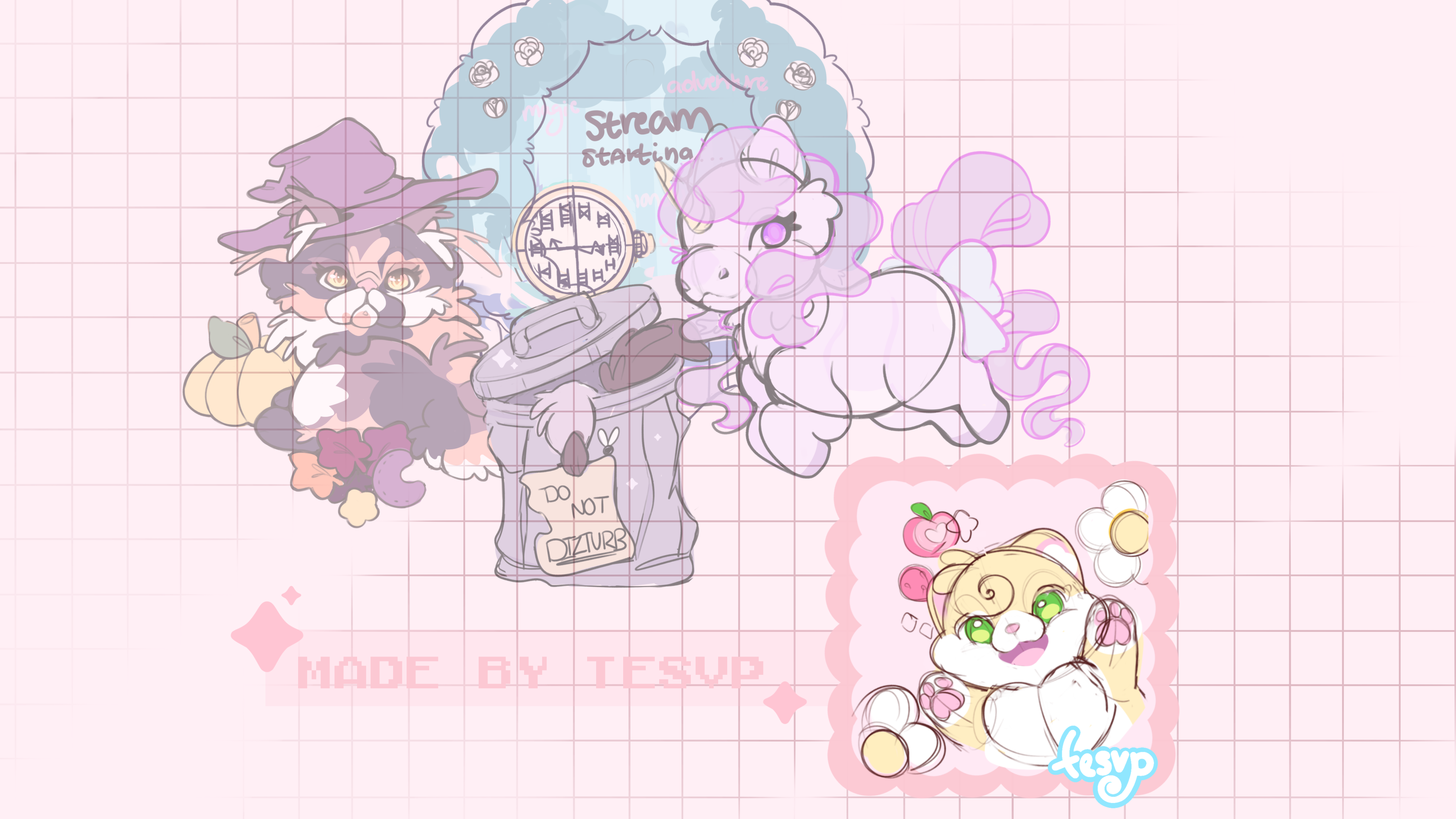 A pastel sticker-style illustration sheet on a pink grid background, featuring a witch character with a purple hat and pumpkin, a lavender pony, a gray clock character, and a small cream-colored cat character in a pink-bordered square. Text reads 'Scream Bunny' and 'MADE BY TESUP'.
